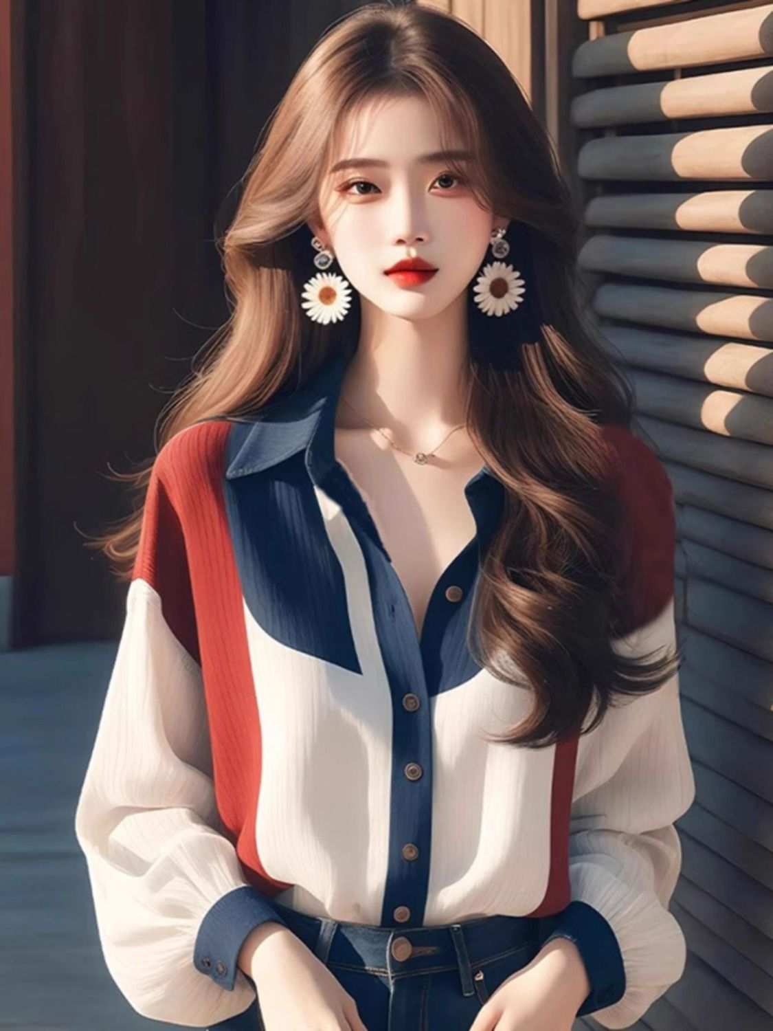 New early autumn women's clothing is cold and high-end and unique, super good-looking loose top contrasting lantern sleeve shirt