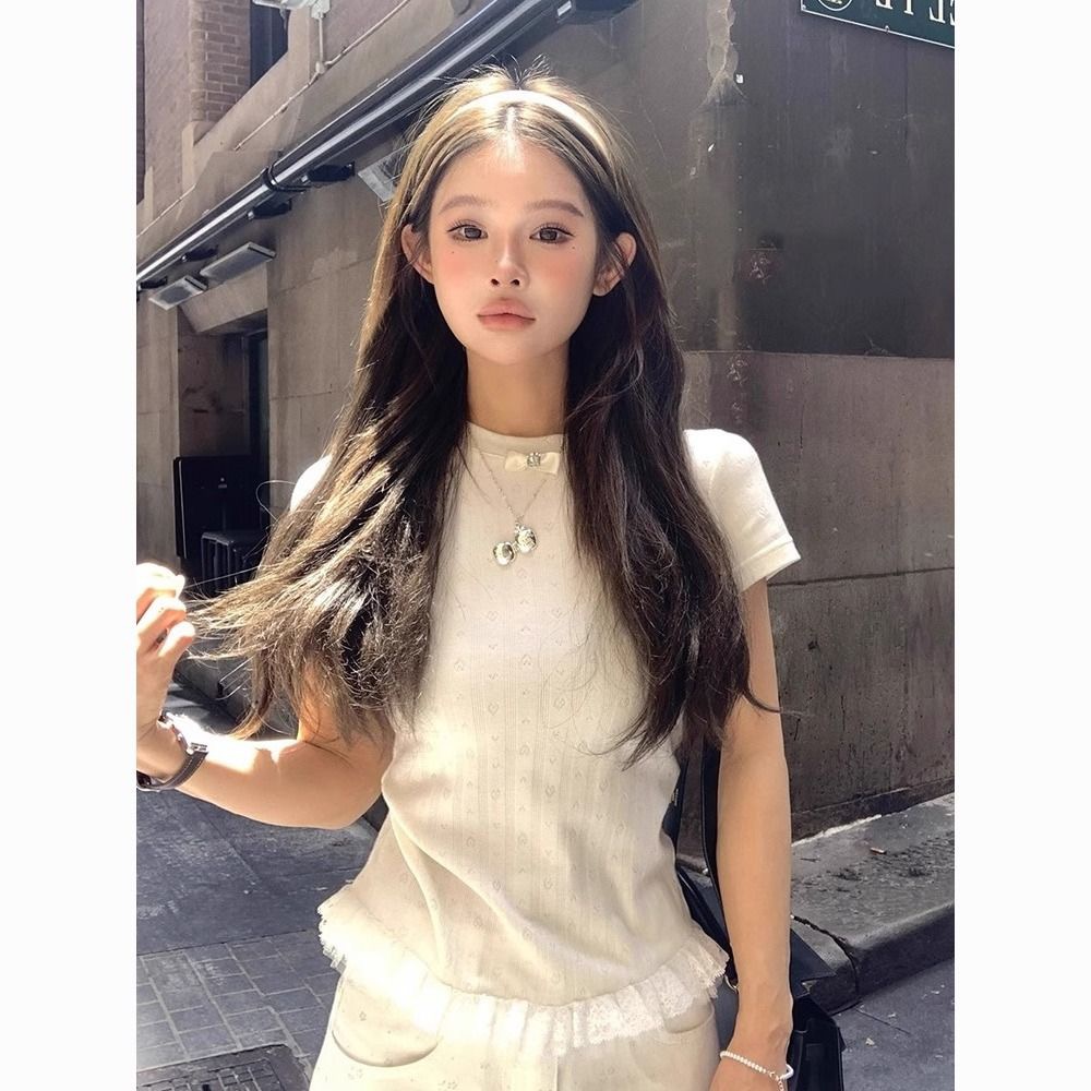 原版提花純欲蕾絲花邊短袖T恤女夏季拼接設計感修身上衣
