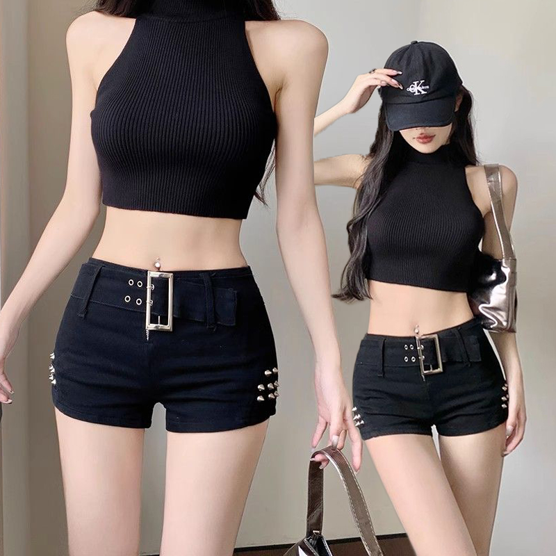 Black low-waist denim shorts for women in summer new rivet design lace-up versatile hip-pack hot pants trendy
