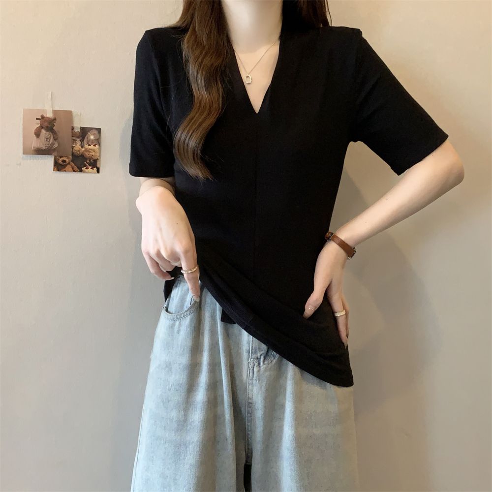Real shot 40 pure cotton 210g 92 cotton/8 spandex slim V-neck short-sleeved T-shirt for women