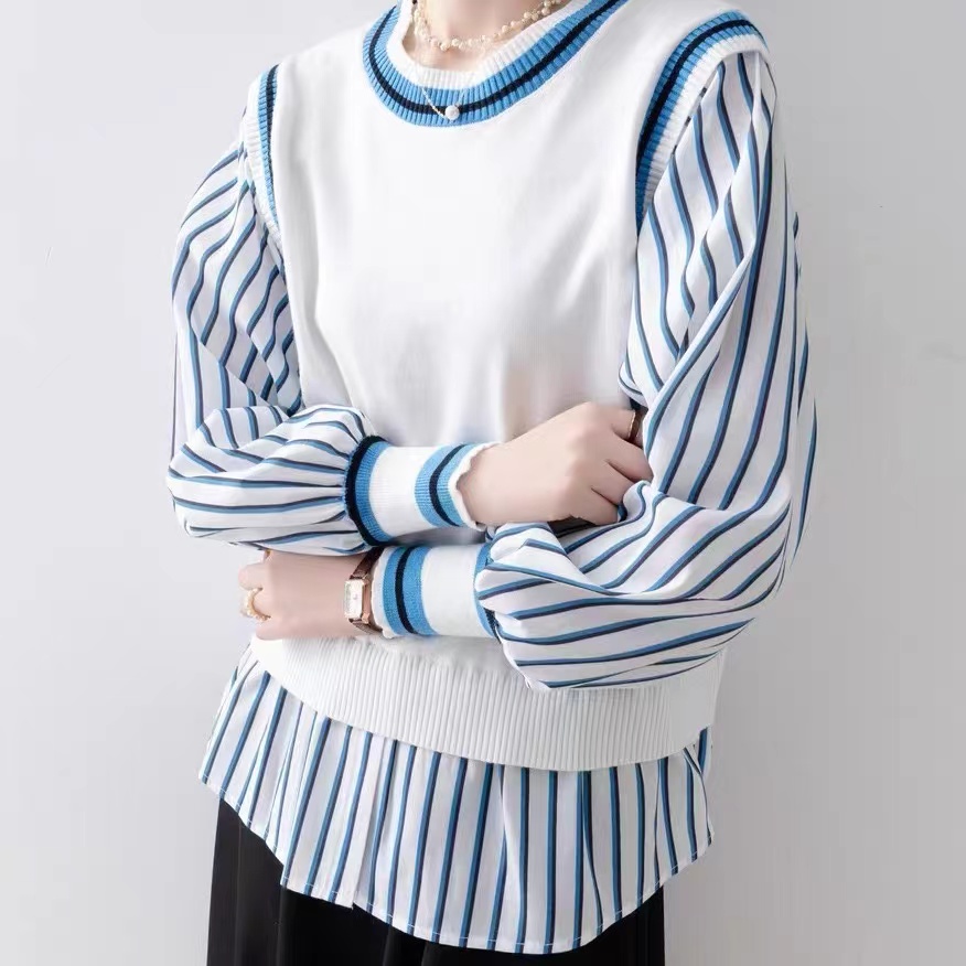 French contrasting striped spliced ​​knitted shirt 2025 spring new fashionable loose slim top