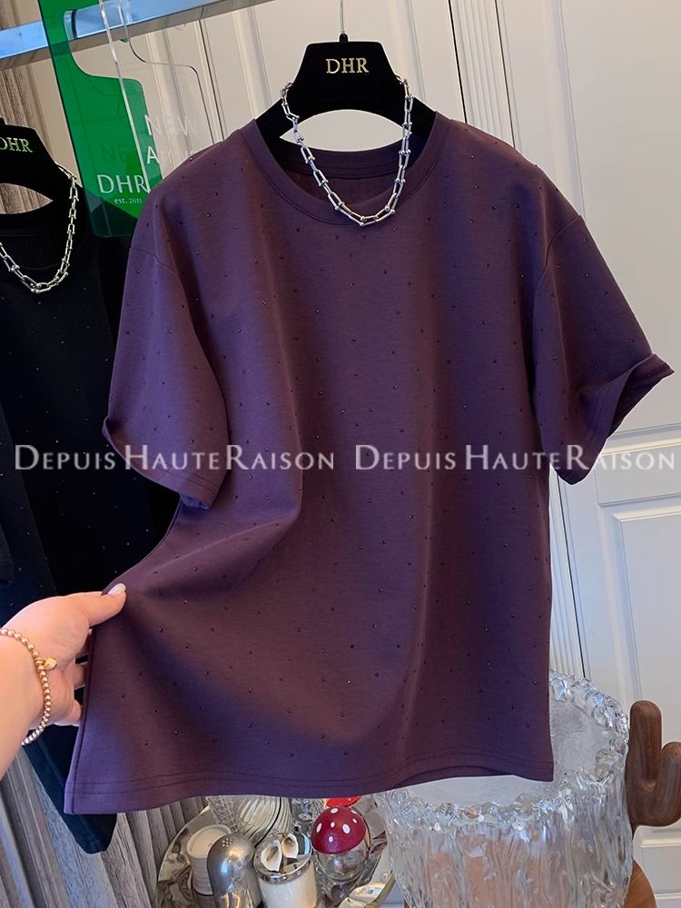 Hot diamonds + 21 super cool cotton 220 grams extra large size 240 catties French rhinestone short-sleeved T-shirt for women