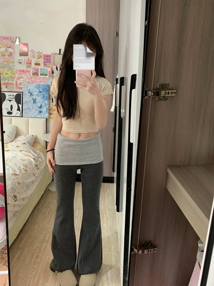 Korean versatile splicing fake two-piece bell-bottom pants for women in summer new high-waist drooping casual slim sports yoga pants