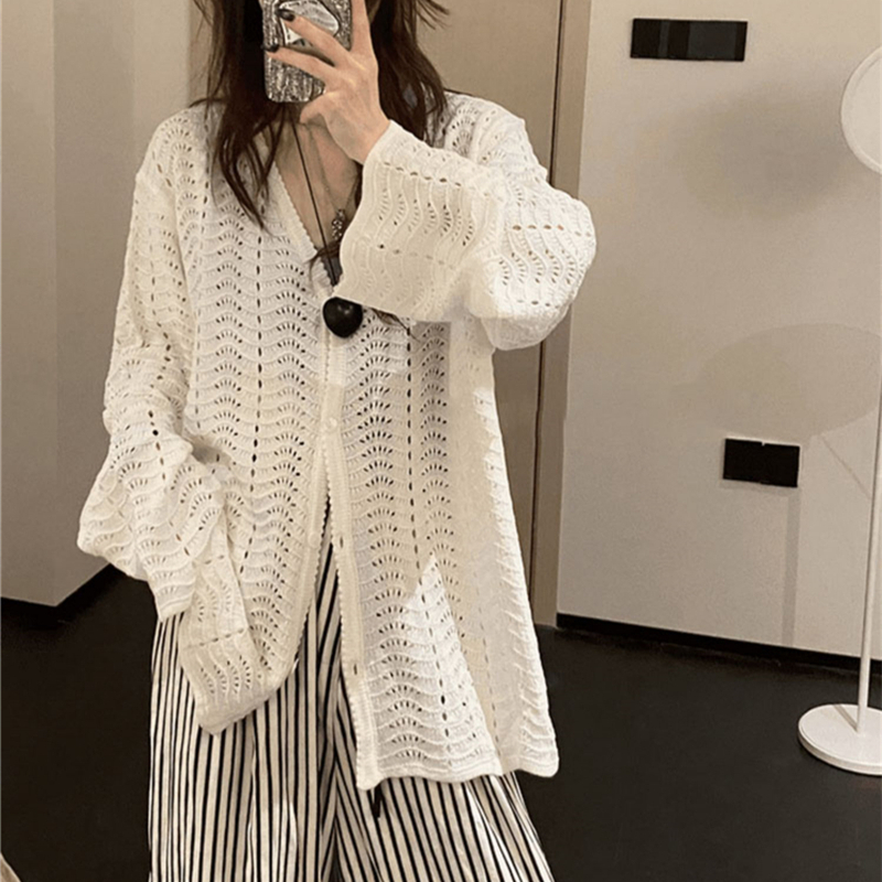 Lazy style hollow white sweater top for women early spring 2025 new design niche versatile cardigan jacket