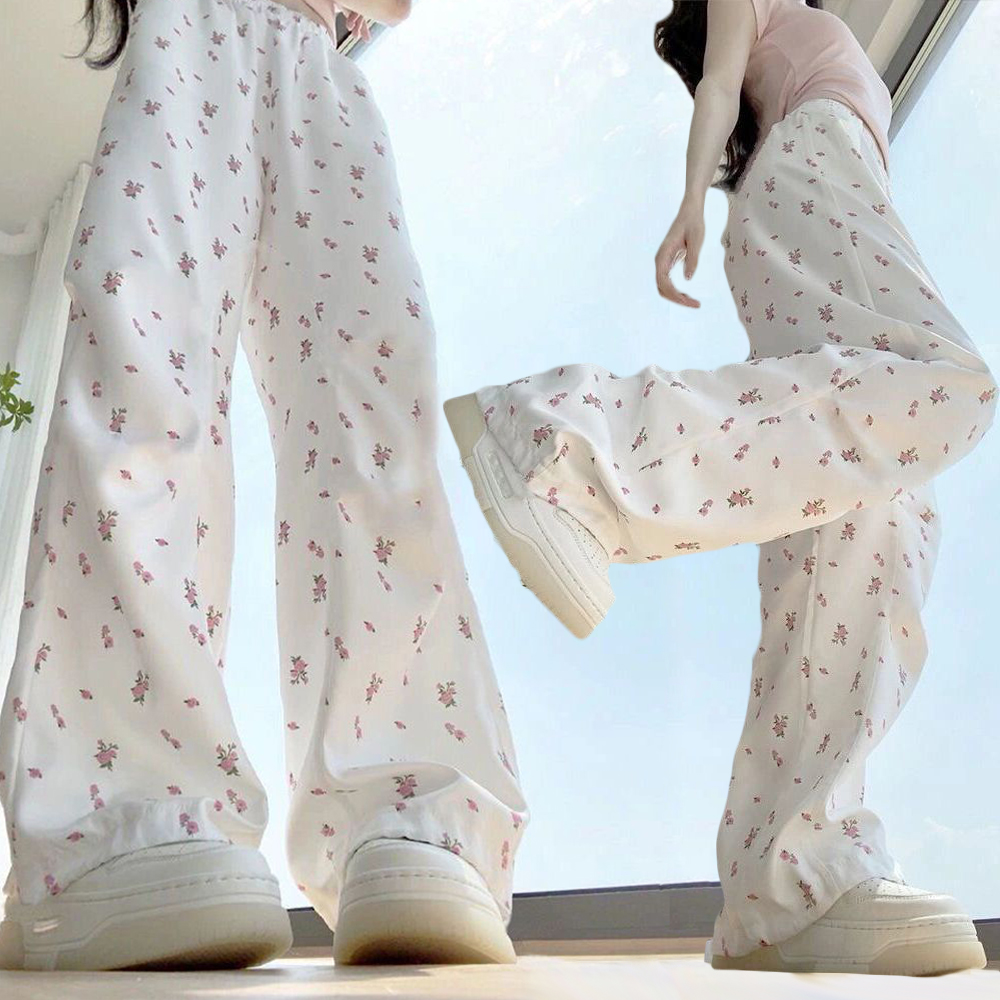 White floral Yamamoto pants for women in summer thin Korean style high waist straight-leg casual and versatile slim sports wide-leg pants