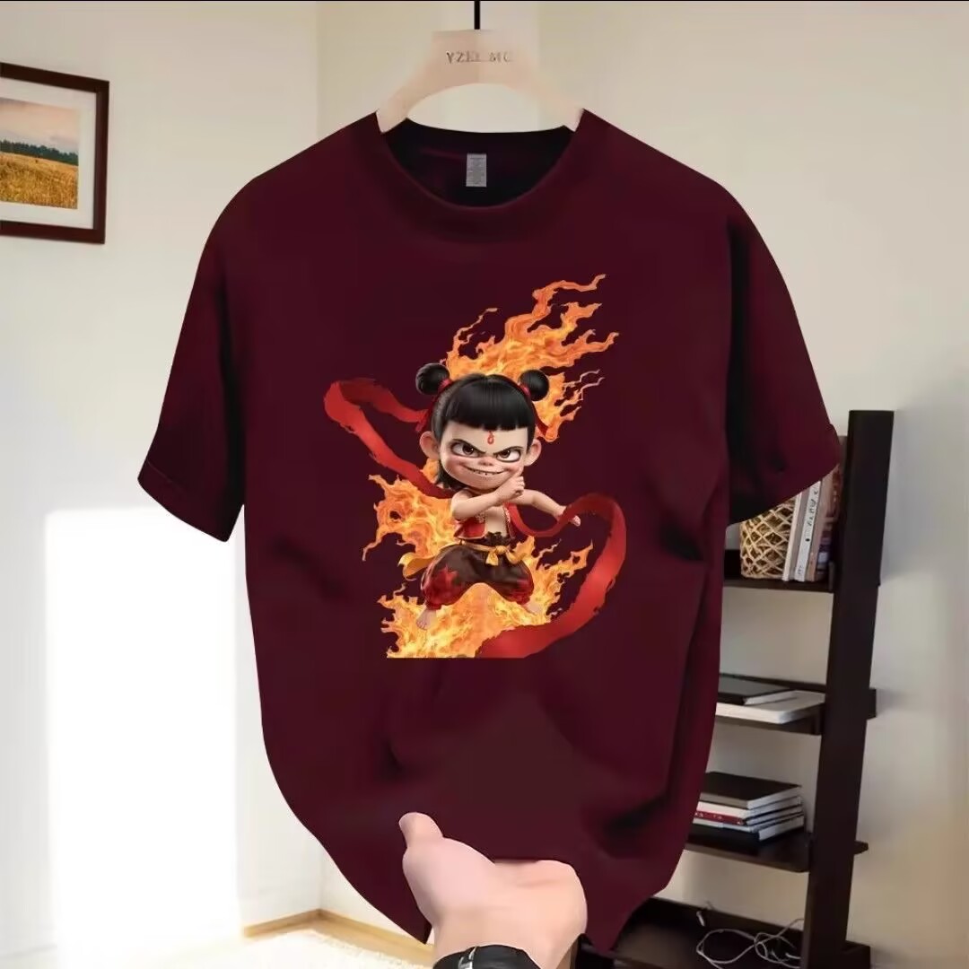 Summer round neck short sleeve national trend personality versatile relaxed casual trend Nezha printed T-shirt for women