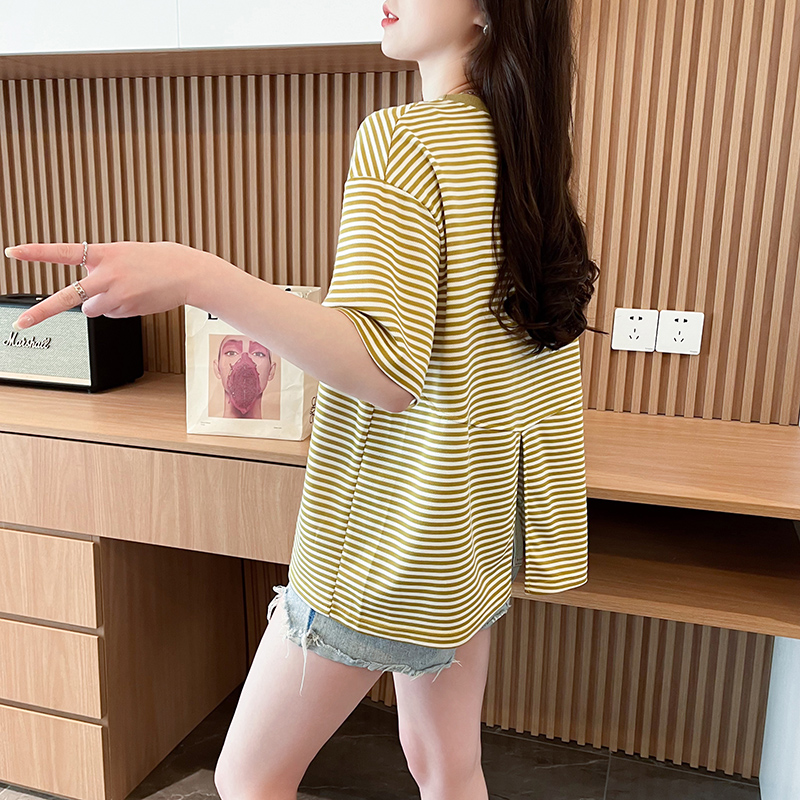 實拍 條紋寬鬆不規則開叉短袖T恤女裝新款夏季設計感大碼上衣