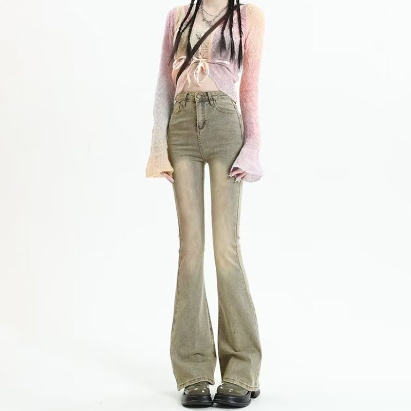 Simple street jeans for women in spring and autumn new style, slim and high waist, slim and high-covering flesh-covering micro-flare jeans trendy