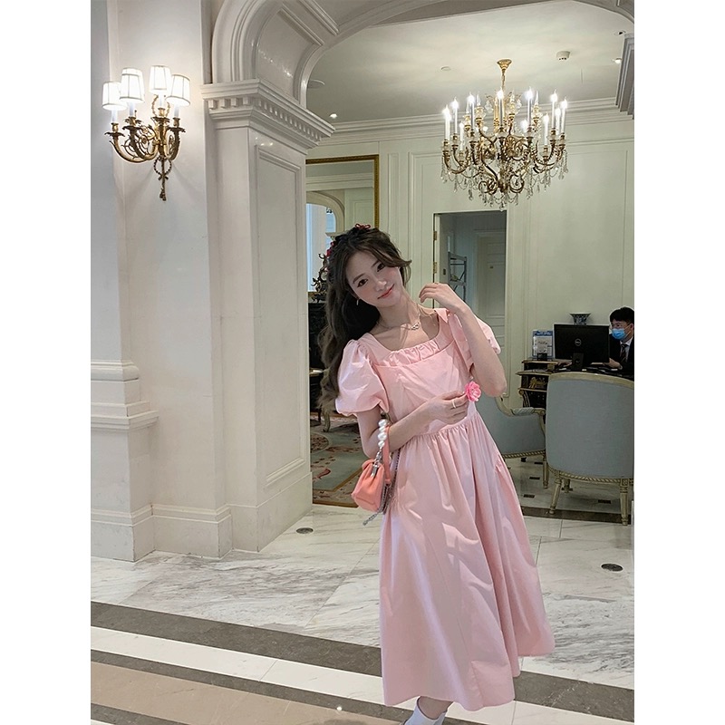 Korean French gentle style pink dress summer new design sense age-reducing puff sleeve fairy skirt