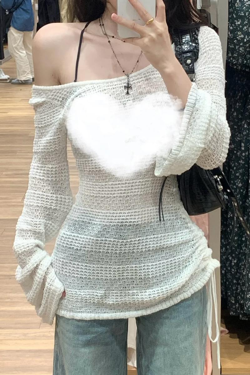 New flared sleeve hollow sunscreen knitted blouse for women in summer lazy loose waist-hugging sweet and spicy top