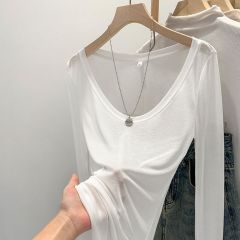 Thin style thin, slightly transparent slim white U-neck sun protection base shirt T-shirt for women in spring and summer large neckline long-sleeved top