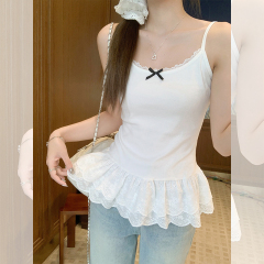 Real photo of beautiful suspender vest for women with bows and spring and summer wear lace lace hem and layered tops inside
