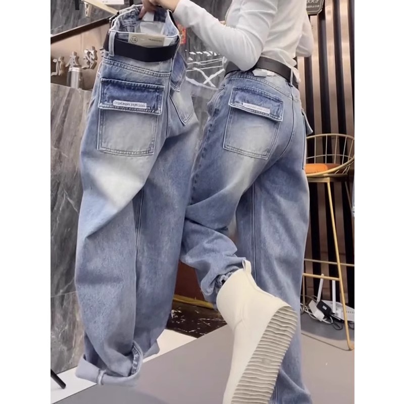 Retro scimitar jeans for women in spring and autumn fat mm pear shape loose high waist slimming straight wide-leg pants