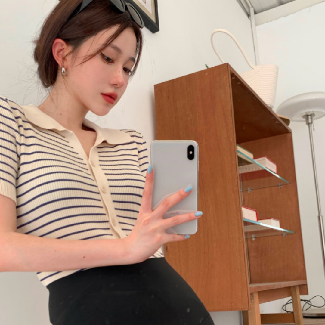 韓系條紋針織衫女polo領短款春季新款設計感小眾小個子短袖上衣