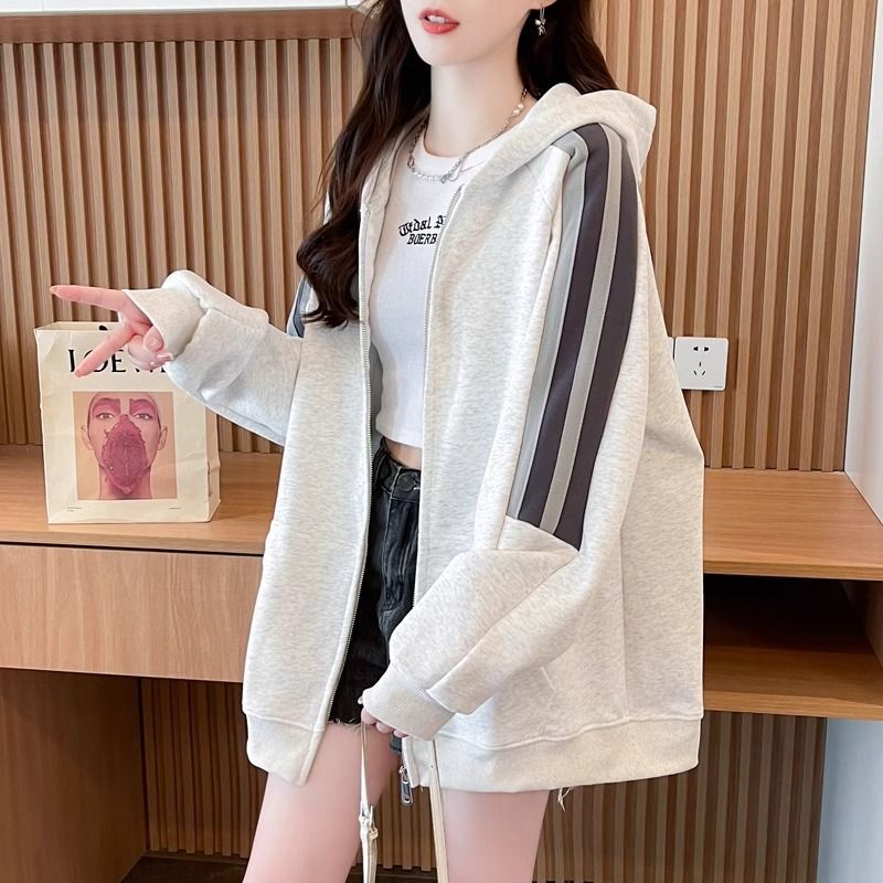 首發實拍仿華棉復牛奶絲拼色連帽拉鏈衛衣女