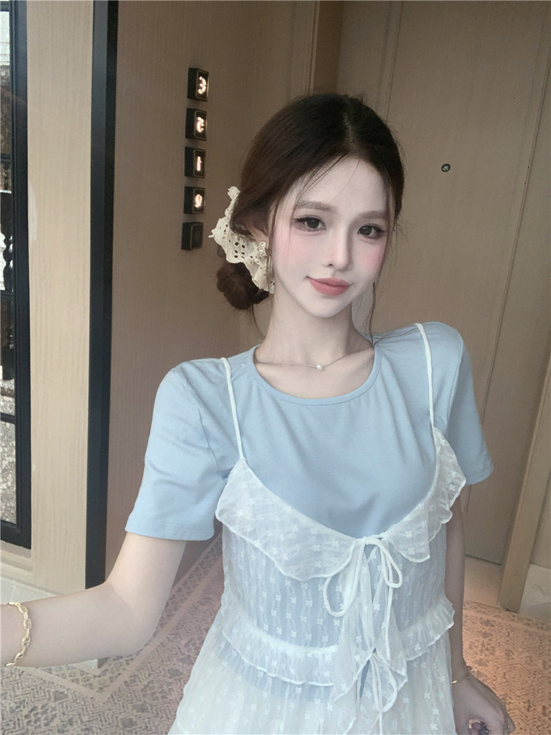 實拍~夏季甜美高端上衣設計感疊穿蕾絲小吊帶木耳邊短袖T恤女