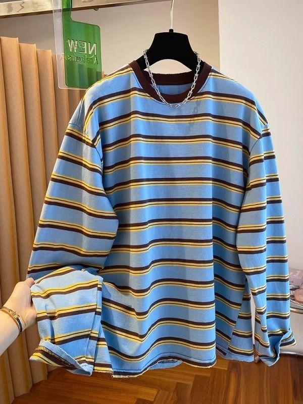 Solona neckline + original fabric extra large size 240 catties Korean retro design striped T-shirt