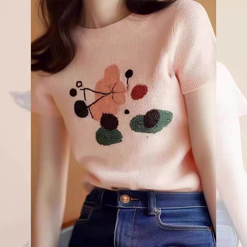 New design summer temperament top pink knitted slim shoulder short-sleeved T-shirt for women