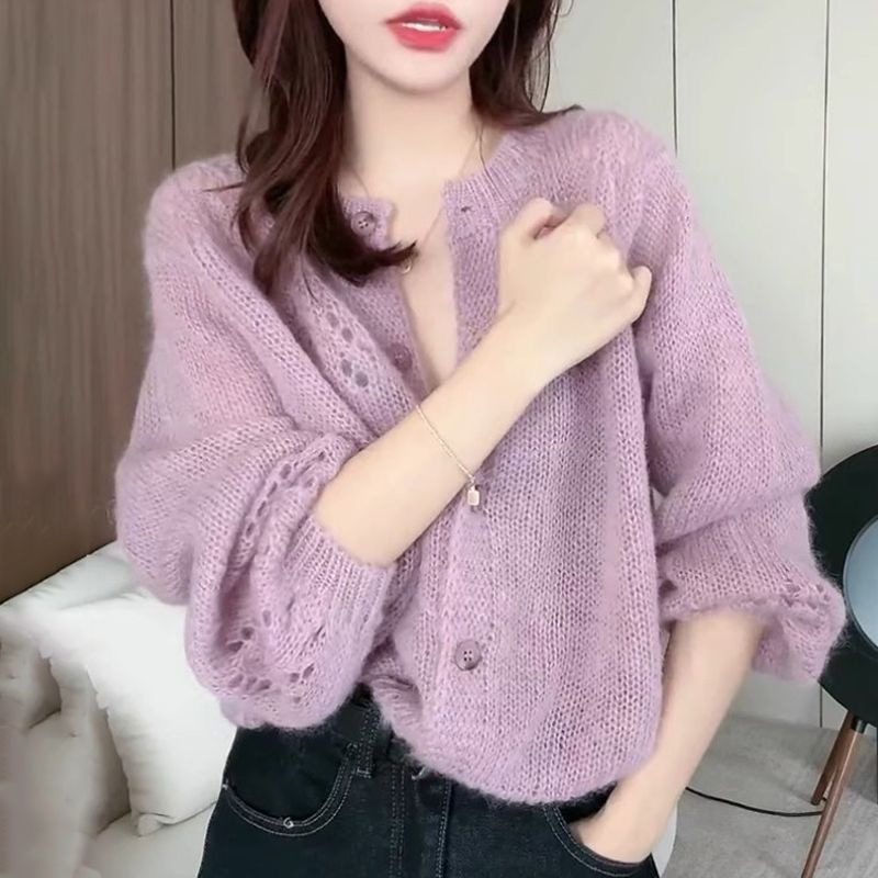 Design sense Korean lazy high-end feel loose gray sweater knitted cardigan for women 2025 new autumn and winter wear