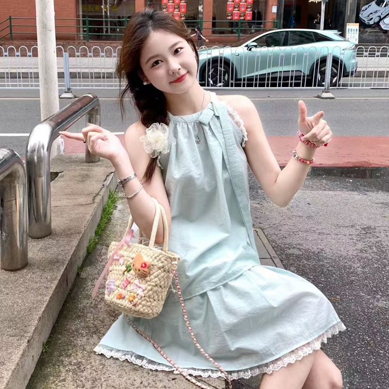 薄荷仙女文藝森系氣質兩件套無袖吊帶背心蝴蝶結半身裙海島套裝夏