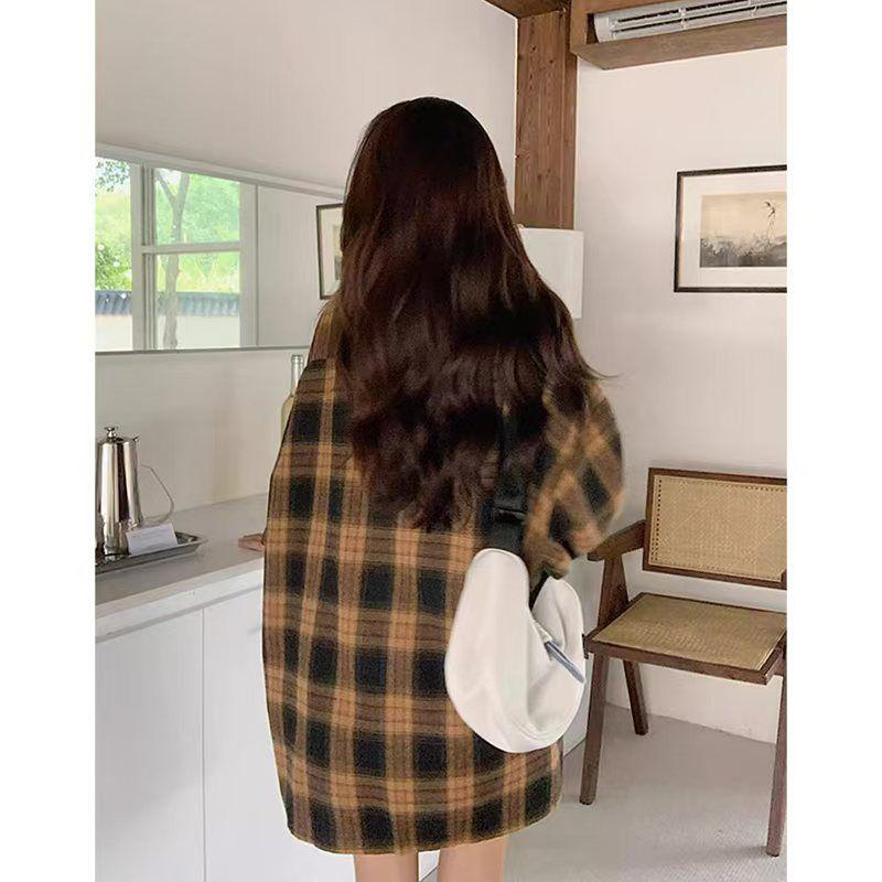 Retro Maillard Furniture American Plaid Shirt Women's Spring and Autumn Lazy Style Loose Long Sleeve Lapel Top Jacket