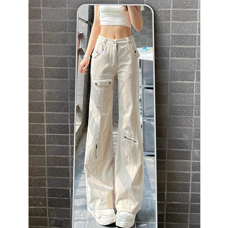 American style flared pants work jeans for women in spring and autumn fat mm loose high waist slimming straight wide-leg floor trousers