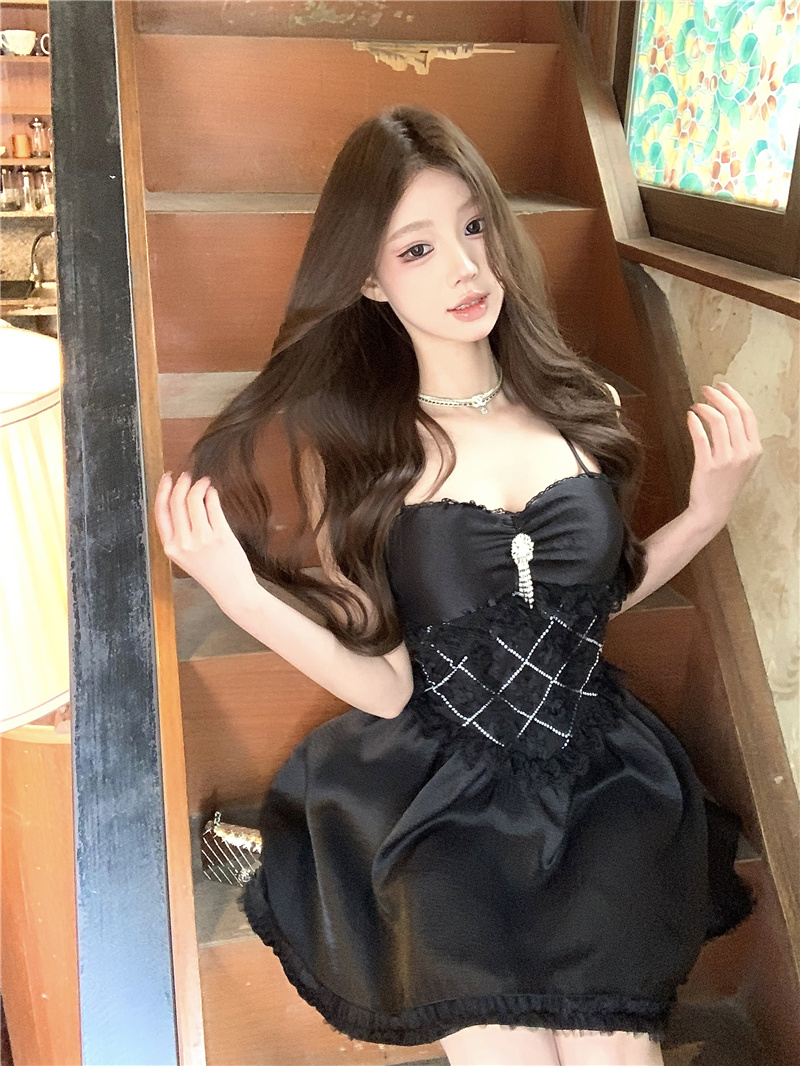 實拍~純欲性感蕾絲拼接洋氣吊帶連衣裙女甜辣妹蓬蓬公主短裙