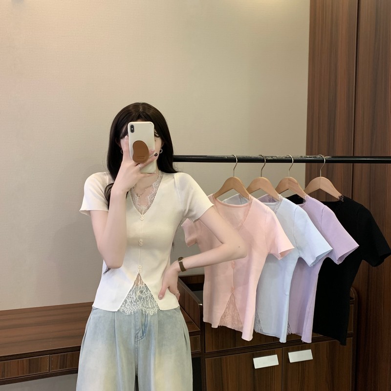 Real shot of the new summer dopamine lace spliced ​​V-neck design niche ice silk short beautiful top