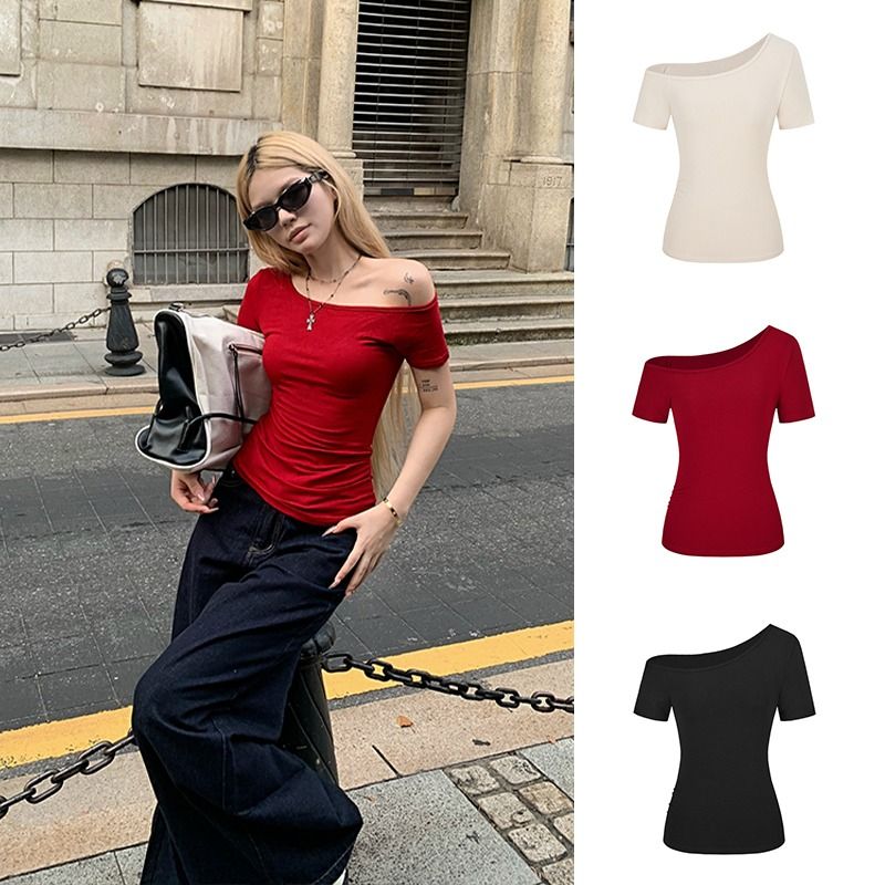 Modal cotton design slanted shoulder short-sleeved T-shirt for women in summer, chic slim and slim off-shoulder top