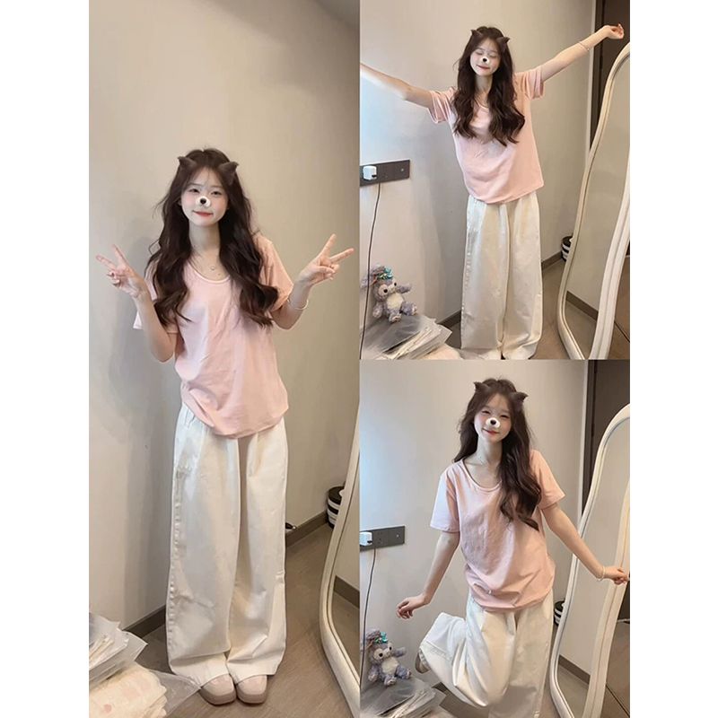 Pink U-neck Short-sleeved T-shirt for women in summer basic casual loose slim and versatile half-sleeved small top