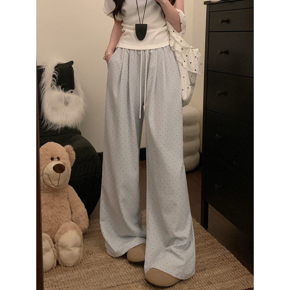 Real shot! 2025 new summer elastic waist drawstring dopamine dotamine wide-leg trousers for women sweet hot girls