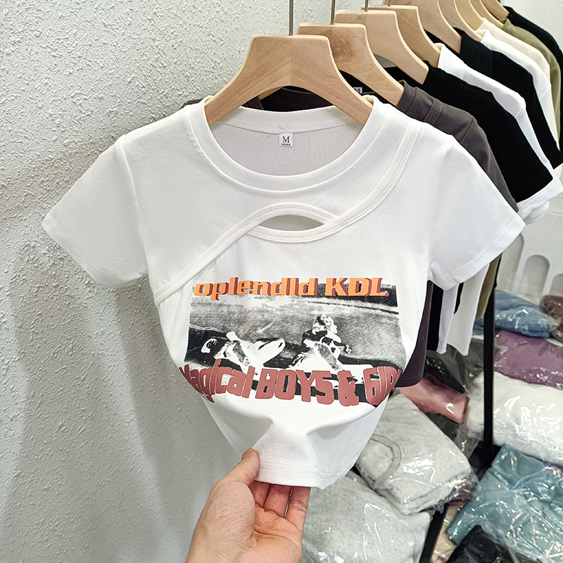 Real shot of pure cotton rib design niche hollow short short sleeve T-shirt for women