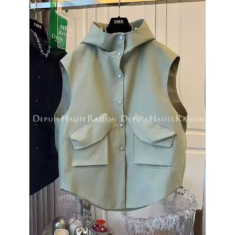 Couple style solid color hooded vest for women in autumn Korean style fashion work pockets and vests for women in fashion brand loose