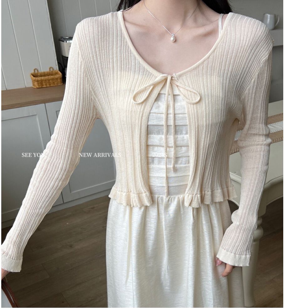 Sunscreen thin knitted cardigan New Year Korean style Korean style lace-up stylish slim fit shawl