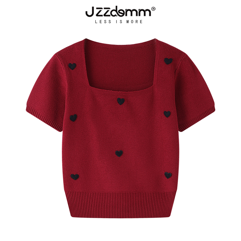 九州誠品/JZZDEMM愛心裝飾方領收腰針織短袖女修身短款小個子上衣