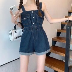 Retro curly-edged denim overalls for women in summer new single-breasted high-waist design and waist-hugging slimming work pants