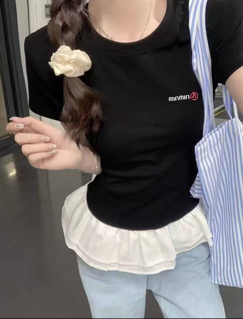 Ballet style girl style puffy skirt hem top design sweet and spicy versatile trendy short-sleeved slim T-shirt in summer