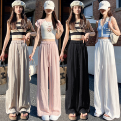 實拍 冰絲棉麻闊腿褲女2025夏季鬆緊腰垂感慵懶風寬鬆休閒拖地褲