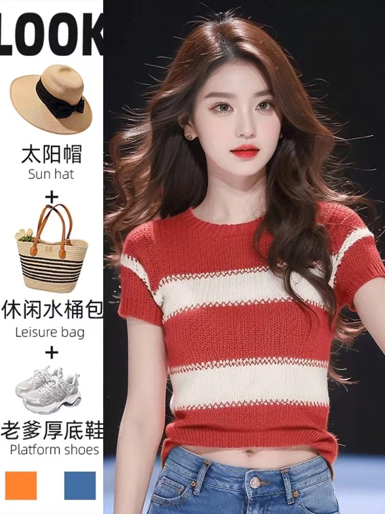 Women's fashion fashionable and fashionable red and white striped knitted T-shirt summer temperament top for women 2025 new style
