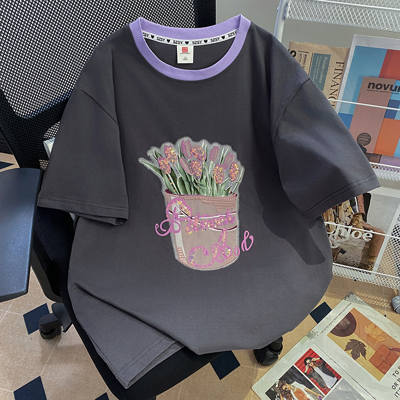 實拍 200克純棉特大碼300斤後包領印花+刺繡亮片短袖t恤
