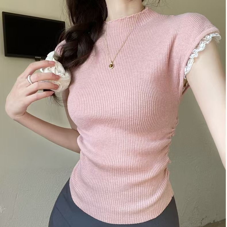蕾絲拼接圓領短袖T恤女夏季褶皺修身內搭設計感緊身打底上衣