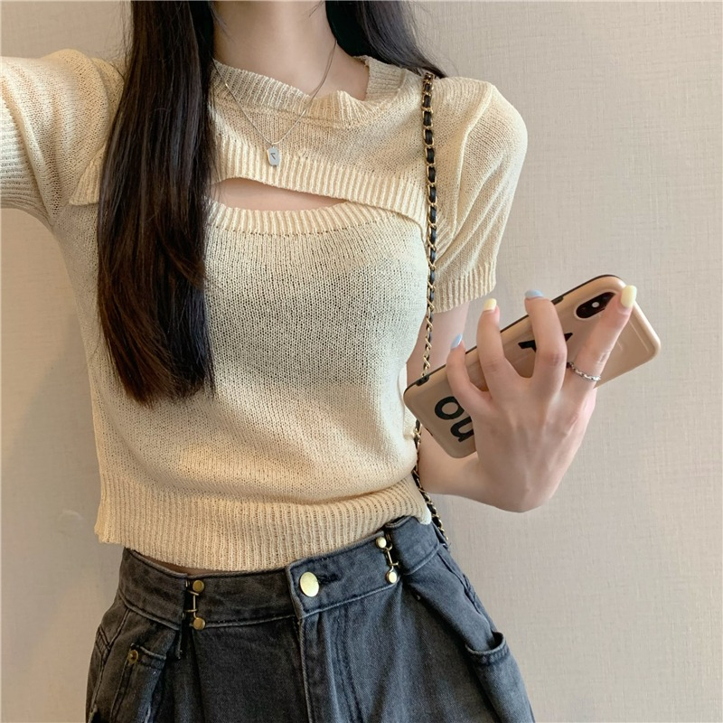 Korean style sweet and age-reducing square collar three-dimensional flower short-sleeved sweater women's top T-shirt new summer style
