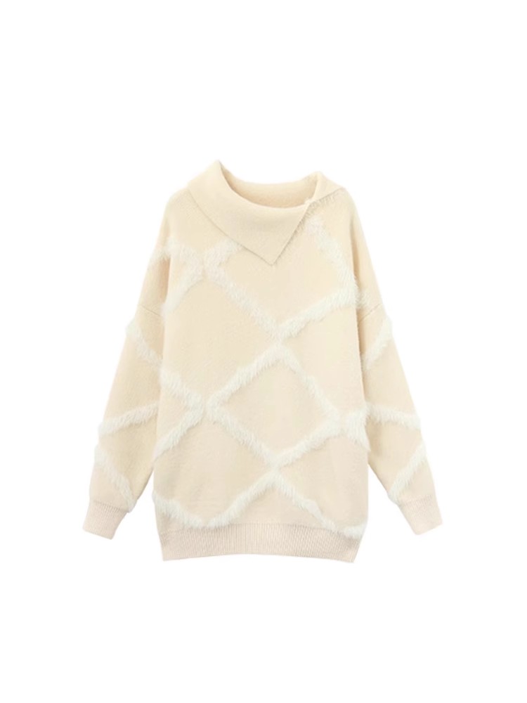 2025 spring new wool knitted top diamond plaid loose lazy style sweater women's design sense