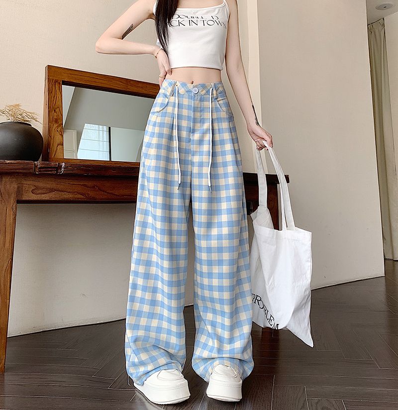 Real shot of blue plaid wide-leg pants for women in summer new high-waist loose straight-leg casual pants
