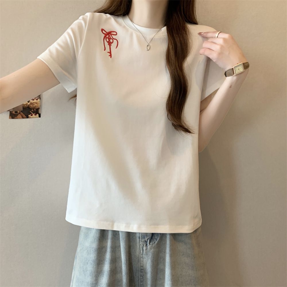 Real shot 21 pure cotton 200g 100% cotton short-sleeved T-shirt for women embroidery