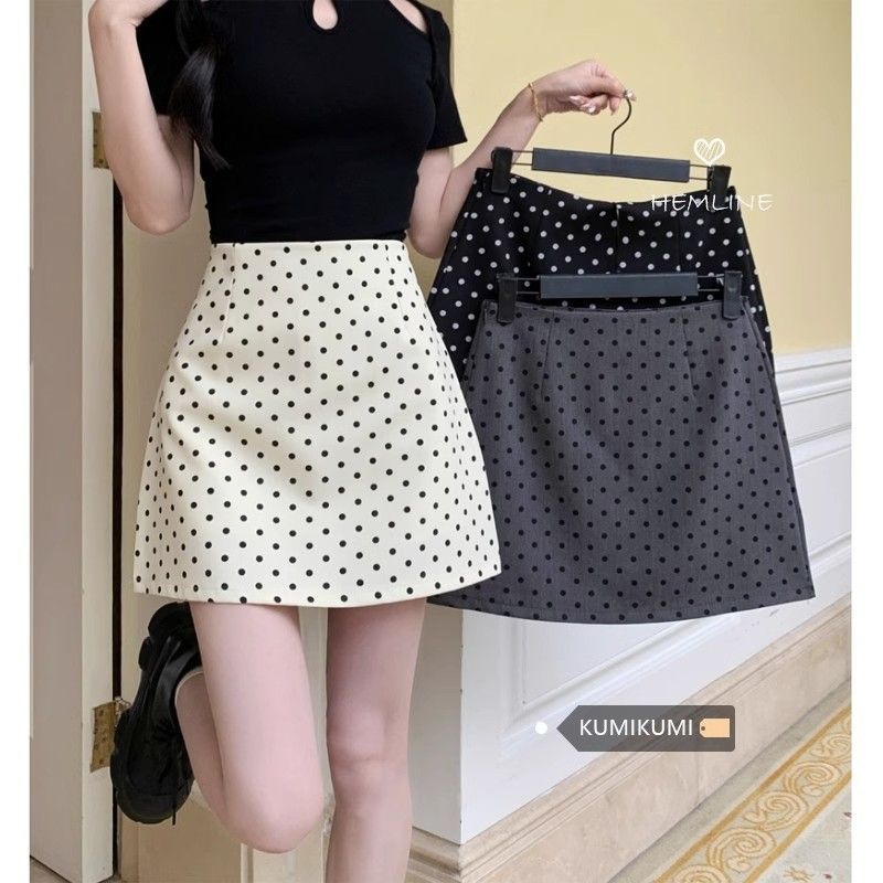 Apricot color polka dot skirt casual and versatile black hip skirt women summer hot girl high waist A-line skirt suit short skirt