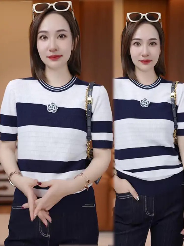 2025 new spring and summer women's color-blocking striped style sweet, loose, versatile round neck short-sleeved knitted T-shirt