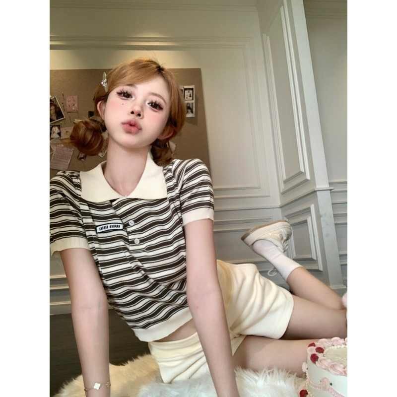 American retro polo collar striped T-shirt for women in summer new fashionable age-reducing short tops college style t-shirt