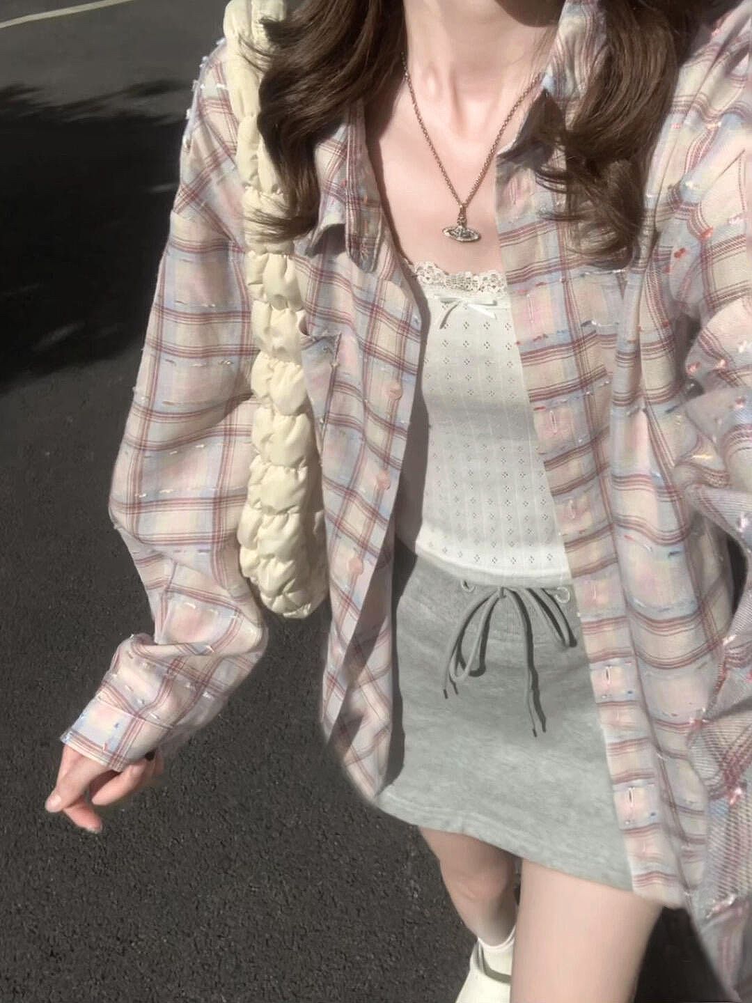 非實拍美式復古撞色格子襯衫新款設計感小眾休閒寬鬆百搭襯衣
