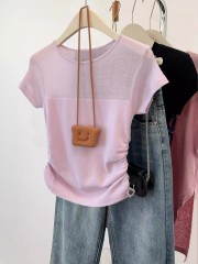 Pink and purple short ice silk knitted short-sleeved T-shirt for women in summer 2025 new design, pure and horny shoulders and waist